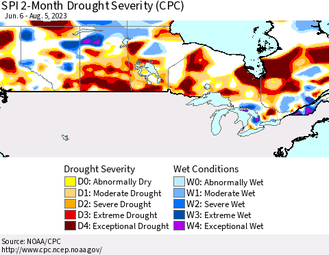 Canada SPI 2-Month Drought Severity (CPC) Thematic Map For 6/6/2023 - 8/5/2023