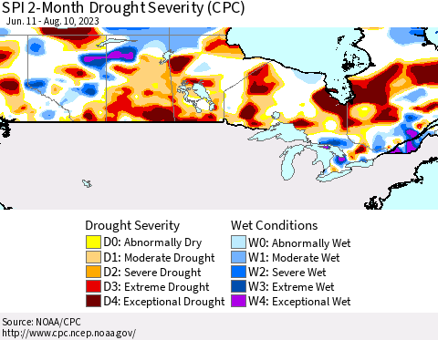 Canada SPI 2-Month Drought Severity (CPC) Thematic Map For 6/11/2023 - 8/10/2023