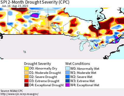 Canada SPI 2-Month Drought Severity (CPC) Thematic Map For 6/16/2023 - 8/15/2023