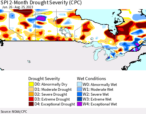 Canada SPI 2-Month Drought Severity (CPC) Thematic Map For 6/26/2023 - 8/25/2023