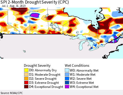 Canada SPI 2-Month Drought Severity (CPC) Thematic Map For 7/1/2023 - 8/31/2023