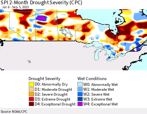 Canada SPI 2-Month Drought Severity (CPC) Thematic Map For 7/6/2023 - 9/5/2023