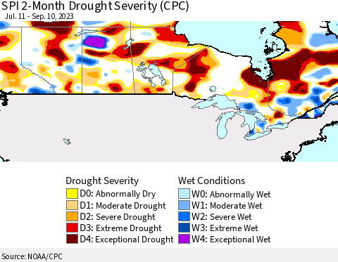 Canada SPI 2-Month Drought Severity (CPC) Thematic Map For 7/11/2023 - 9/10/2023
