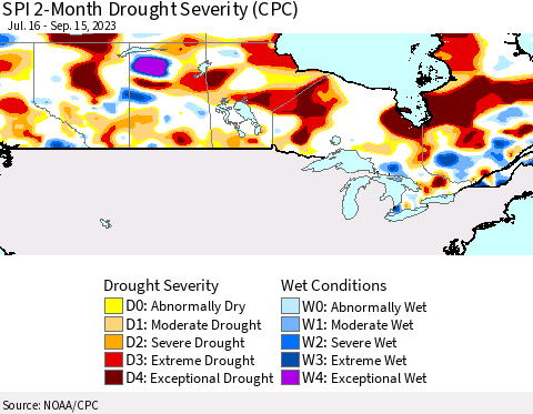 Canada SPI 2-Month Drought Severity (CPC) Thematic Map For 7/16/2023 - 9/15/2023