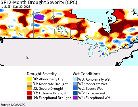 Canada SPI 2-Month Drought Severity (CPC) Thematic Map For 7/21/2023 - 9/20/2023
