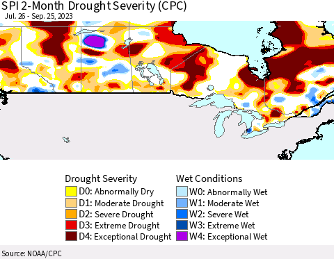Canada SPI 2-Month Drought Severity (CPC) Thematic Map For 7/26/2023 - 9/25/2023