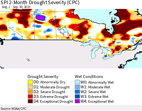 Canada SPI 2-Month Drought Severity (CPC) Thematic Map For 8/1/2023 - 9/30/2023