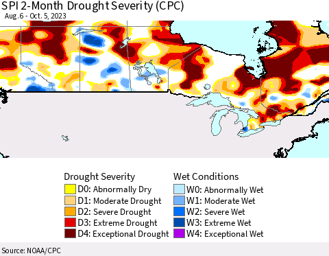 Canada SPI 2-Month Drought Severity (CPC) Thematic Map For 8/6/2023 - 10/5/2023