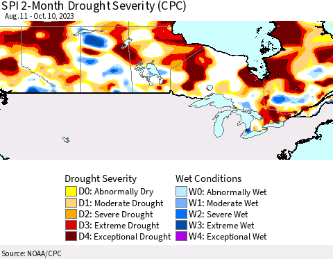 Canada SPI 2-Month Drought Severity (CPC) Thematic Map For 8/11/2023 - 10/10/2023