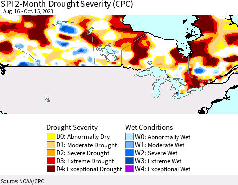 Canada SPI 2-Month Drought Severity (CPC) Thematic Map For 8/16/2023 - 10/15/2023