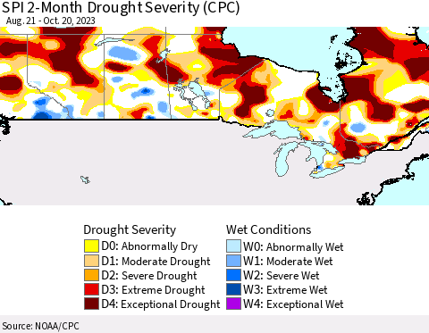 Canada SPI 2-Month Drought Severity (CPC) Thematic Map For 8/21/2023 - 10/20/2023