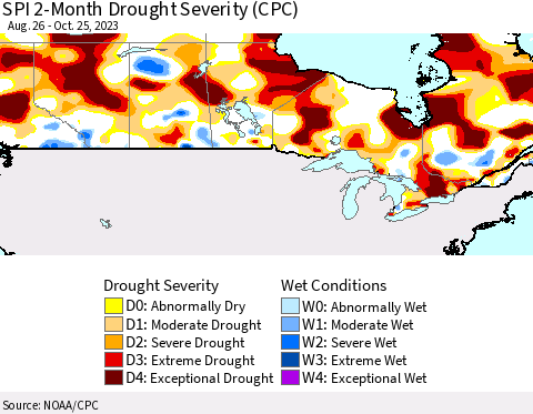 Canada SPI 2-Month Drought Severity (CPC) Thematic Map For 8/26/2023 - 10/25/2023