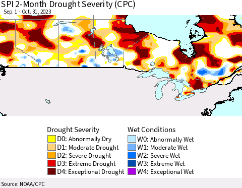 Canada SPI 2-Month Drought Severity (CPC) Thematic Map For 9/1/2023 - 10/31/2023