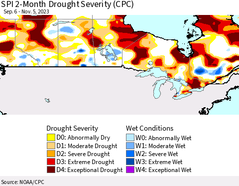 Canada SPI 2-Month Drought Severity (CPC) Thematic Map For 9/6/2023 - 11/5/2023