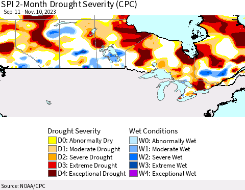 Canada SPI 2-Month Drought Severity (CPC) Thematic Map For 9/11/2023 - 11/10/2023