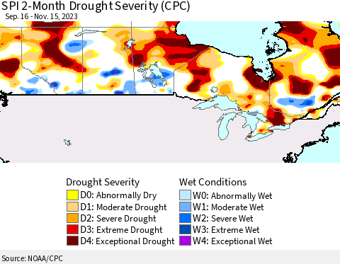 Canada SPI 2-Month Drought Severity (CPC) Thematic Map For 9/16/2023 - 11/15/2023