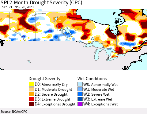 Canada SPI 2-Month Drought Severity (CPC) Thematic Map For 9/21/2023 - 11/20/2023