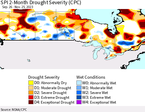 Canada SPI 2-Month Drought Severity (CPC) Thematic Map For 9/26/2023 - 11/25/2023