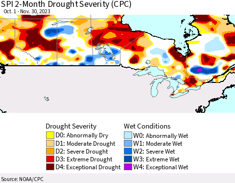 Canada SPI 2-Month Drought Severity (CPC) Thematic Map For 10/1/2023 - 11/30/2023