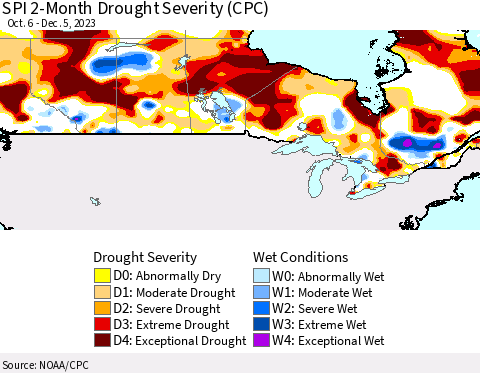 Canada SPI 2-Month Drought Severity (CPC) Thematic Map For 10/6/2023 - 12/5/2023