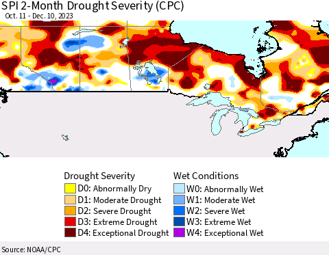 Canada SPI 2-Month Drought Severity (CPC) Thematic Map For 10/11/2023 - 12/10/2023