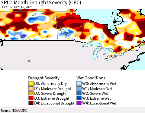 Canada SPI 2-Month Drought Severity (CPC) Thematic Map For 10/16/2023 - 12/15/2023
