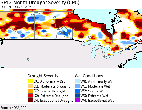 Canada SPI 2-Month Drought Severity (CPC) Thematic Map For 10/21/2023 - 12/20/2023