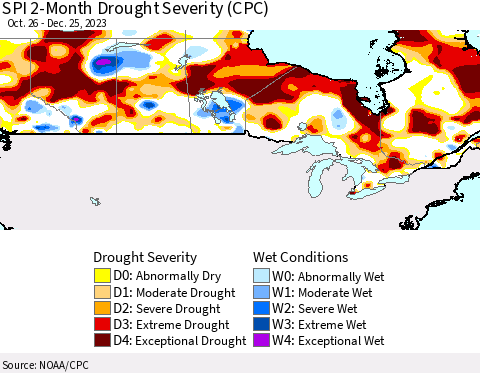 Canada SPI 2-Month Drought Severity (CPC) Thematic Map For 10/26/2023 - 12/25/2023