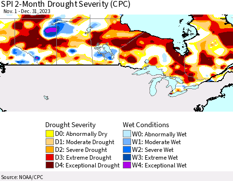 Canada SPI 2-Month Drought Severity (CPC) Thematic Map For 11/1/2023 - 12/31/2023