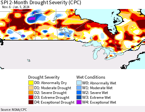 Canada SPI 2-Month Drought Severity (CPC) Thematic Map For 11/6/2023 - 1/5/2024