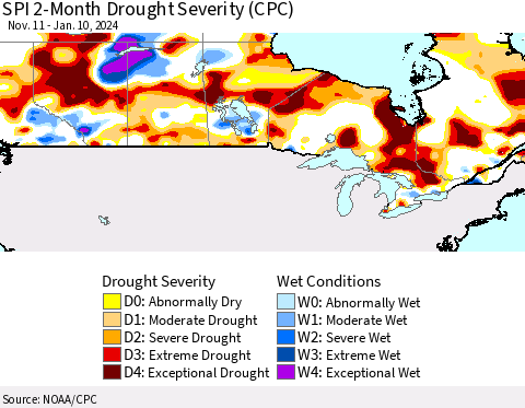 Canada SPI 2-Month Drought Severity (CPC) Thematic Map For 11/11/2023 - 1/10/2024