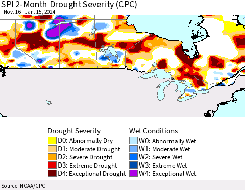 Canada SPI 2-Month Drought Severity (CPC) Thematic Map For 11/16/2023 - 1/15/2024
