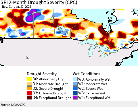 Canada SPI 2-Month Drought Severity (CPC) Thematic Map For 11/21/2023 - 1/20/2024