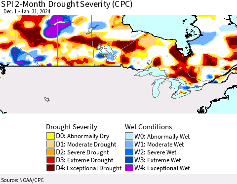 Canada SPI 2-Month Drought Severity (CPC) Thematic Map For 12/1/2023 - 1/31/2024