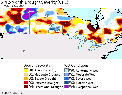 Canada SPI 2-Month Drought Severity (CPC) Thematic Map For 12/6/2023 - 2/5/2024