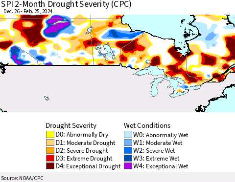 Canada SPI 2-Month Drought Severity (CPC) Thematic Map For 12/26/2023 - 2/25/2024