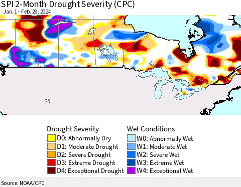 Canada SPI 2-Month Drought Severity (CPC) Thematic Map For 1/1/2024 - 2/29/2024
