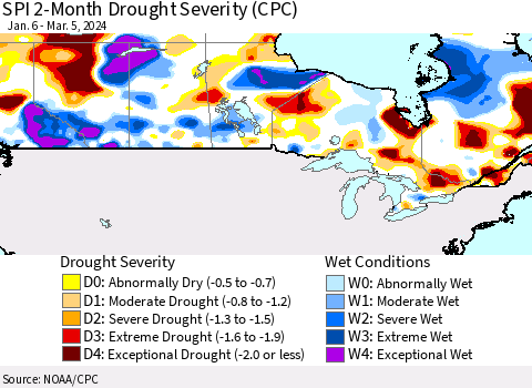 Canada SPI 2-Month Drought Severity (CPC) Thematic Map For 1/6/2024 - 3/5/2024
