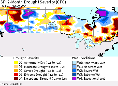 Canada SPI 2-Month Drought Severity (CPC) Thematic Map For 1/11/2024 - 3/10/2024