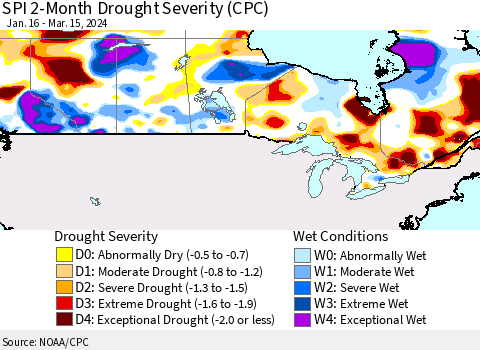 Canada SPI 2-Month Drought Severity (CPC) Thematic Map For 1/16/2024 - 3/15/2024