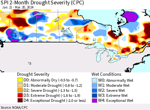 Canada SPI 2-Month Drought Severity (CPC) Thematic Map For 1/21/2024 - 3/20/2024