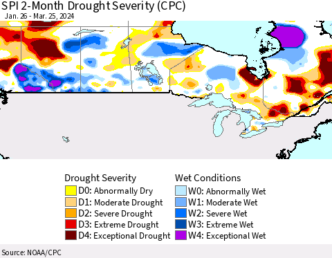 Canada SPI 2-Month Drought Severity (CPC) Thematic Map For 1/26/2024 - 3/25/2024