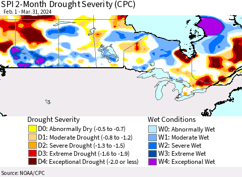 Canada SPI 2-Month Drought Severity (CPC) Thematic Map For 2/1/2024 - 3/31/2024