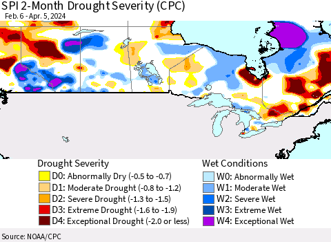 Canada SPI 2-Month Drought Severity (CPC) Thematic Map For 2/6/2024 - 4/5/2024