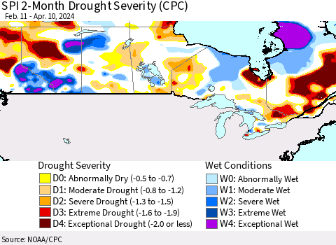 Canada SPI 2-Month Drought Severity (CPC) Thematic Map For 2/11/2024 - 4/10/2024