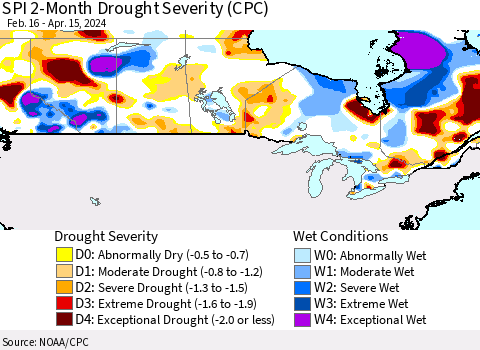 Canada SPI 2-Month Drought Severity (CPC) Thematic Map For 2/16/2024 - 4/15/2024