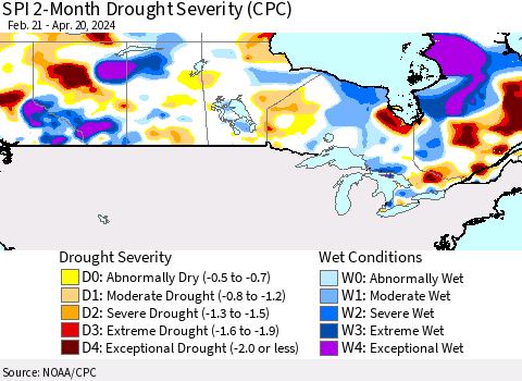 Canada SPI 2-Month Drought Severity (CPC) Thematic Map For 2/21/2024 - 4/20/2024
