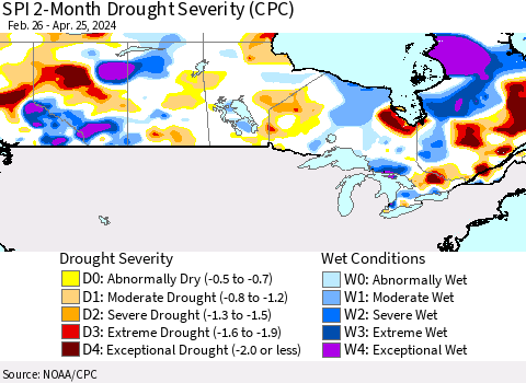 Canada SPI 2-Month Drought Severity (CPC) Thematic Map For 2/26/2024 - 4/25/2024