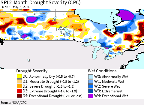 Canada SPI 2-Month Drought Severity (CPC) Thematic Map For 3/6/2024 - 5/5/2024
