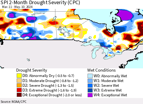 Canada SPI 2-Month Drought Severity (CPC) Thematic Map For 3/11/2024 - 5/10/2024